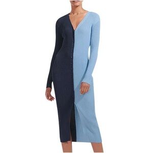 NWOT STAUD Shoko Two-Tone Blue Ribbed Knit Dress